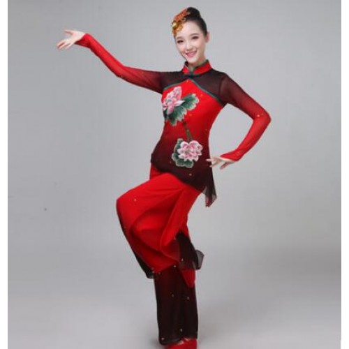 Chinese folk dance costumes for women traditional red color yangko fan umbrella dance costumes yangge dress for female 
